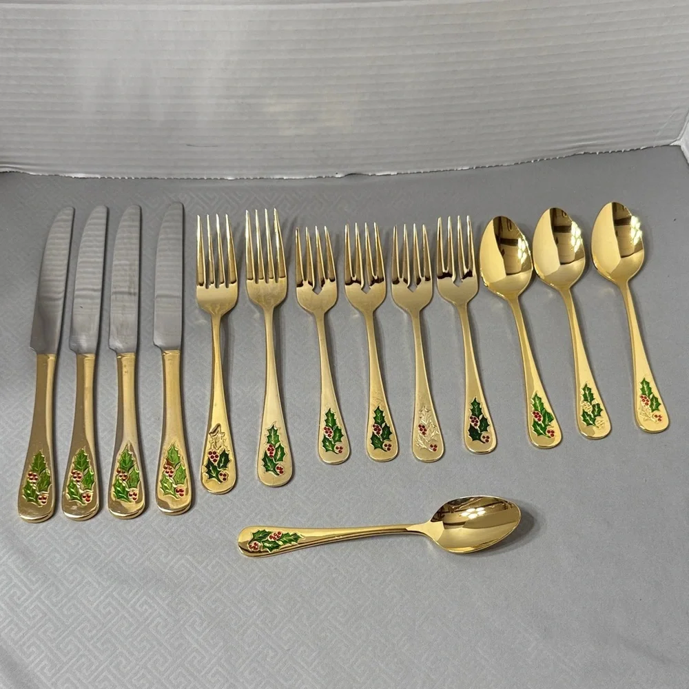 Holly Berry Gold Tone Stainless Steel Flatware 14 Pc Retired Pattern Japan